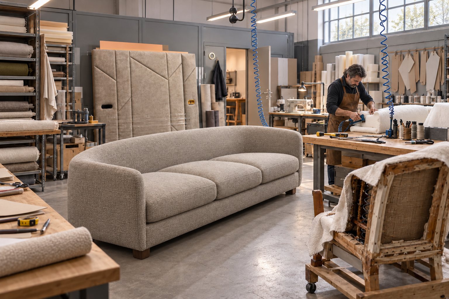 Craftsman at work in the ärdəzən workshop, with a contemporary sofa in the foreground
