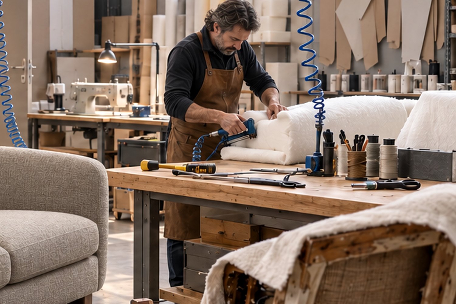 Artesão a estofar uma peça no atelier